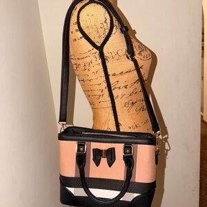 Tan and Black Bow-Accent Tote with Adjustable Strap